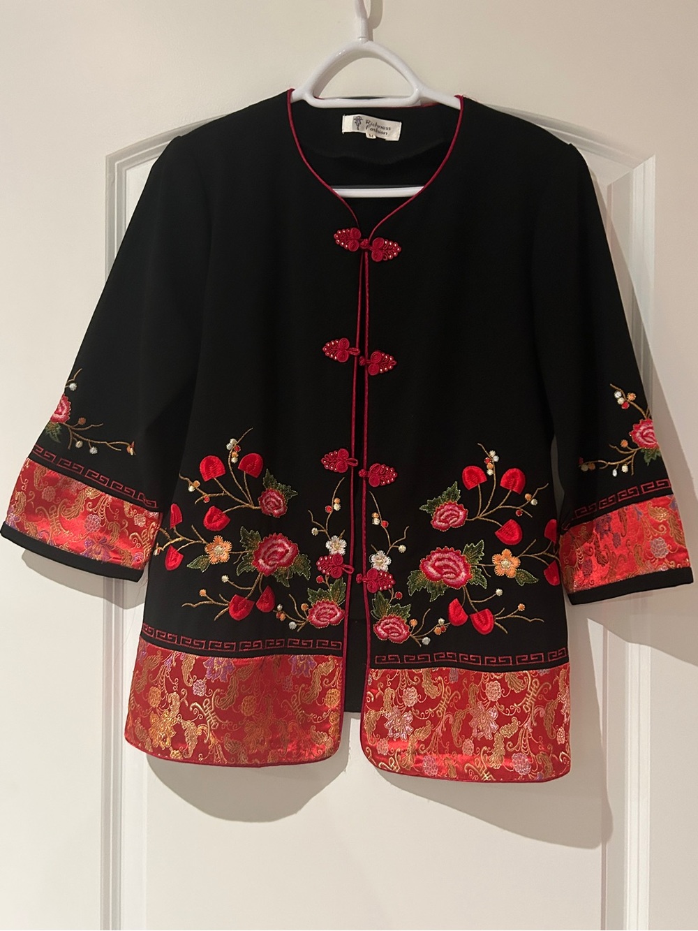 Black Embroidered Mandarin Jacket with Red Floral Trim